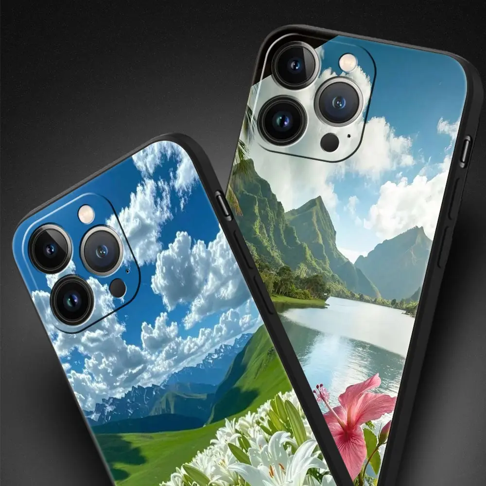 Funda de teléfono de lujo con estampado de flor de lirio realista para iPhone 17 Air 16 Plus 13 15 14 12 11 Pro MAX 7 8 SE, funda negra de TPU suave - imagen 3