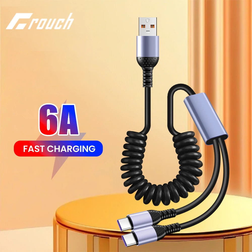 Cable de datos de resorte para coche 6A, Cable de carga rápida retráctil 2 en 1 USB A a doble tipo C para iphone 15, Samsung, Xiaomi, Huawei