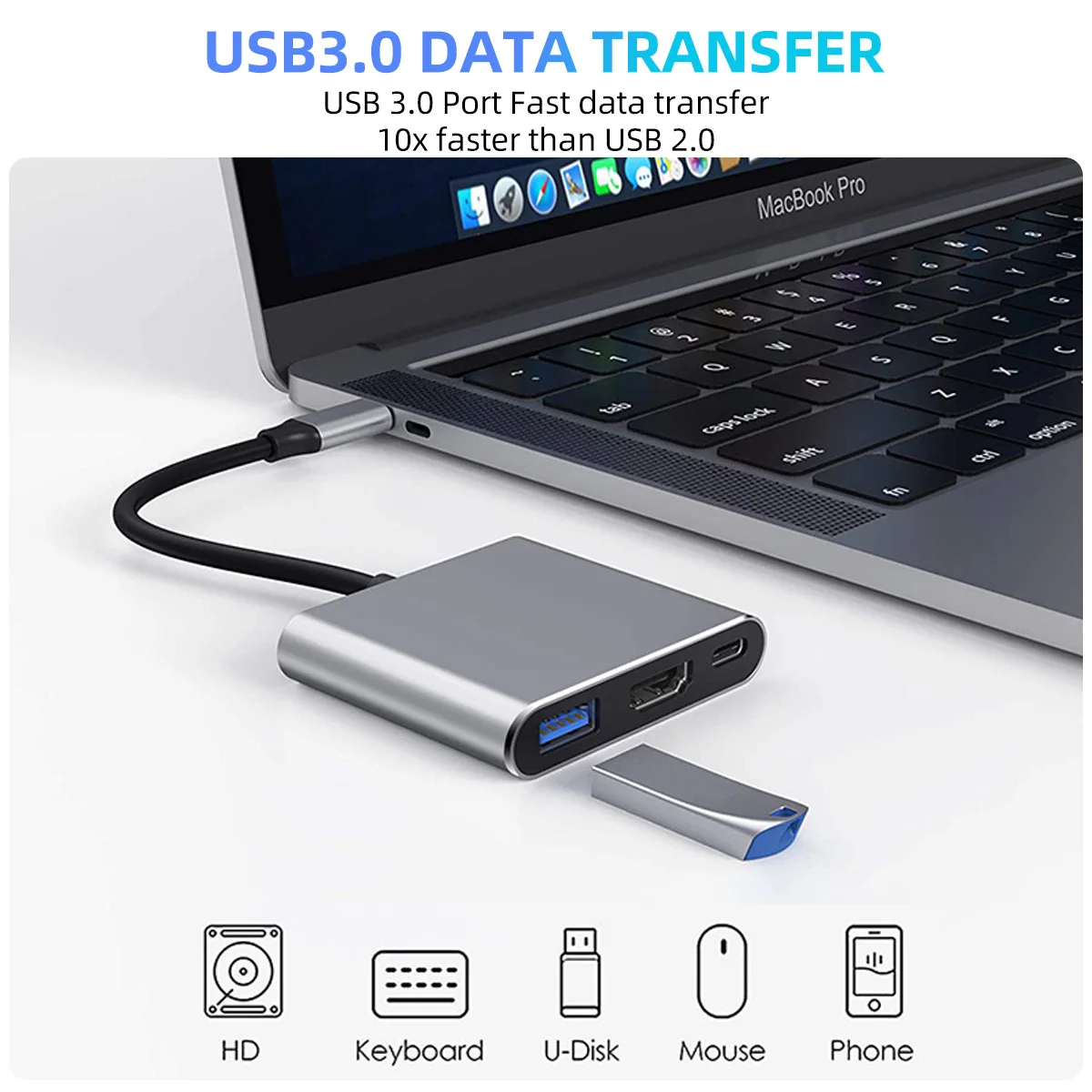 Convertidor de Cable 3 en 1 compatible con USB-C a HDMI para Samsung Huawei iPad Mac NS USB 3,0 tipo C a HD 4K Cable adaptador USB 3,0 - imagen 4