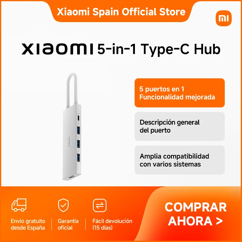Official | Xiaomi 5-in-1 Type-C Hub Blanco Amplía los puertos sin esfuerzo y aumenta la eficiencia en la oficina 5 puertos en 1 Funcionalidad mejorada El versátil puerto tipo C admite la transmisión de datos y la carga.