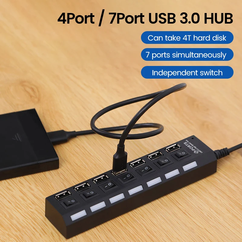 Concentrador de puertos USB 2,0 para el hogar, adaptador de corriente de 4/7 puertos, expansor múltiple con interruptor, Cable de 30CM - imagen 2