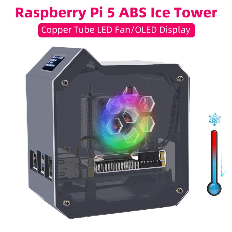Mini ventilador de torre de hielo de tubo de cobre para Raspberry Pi 5 ABS, PWM JST, puerto de 4 pines, RGB LED con pantalla OLED de 0,96 "para RPI 5 Pi5