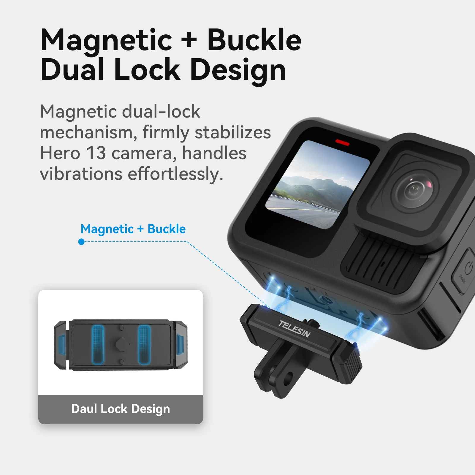 TELESIN-Adaptador magnético de dos garras de aleación de aluminio, liberación rápida, accesorios de Cámara de Acción para Gopro Hero 13, adaptador de doble bloqueo - imagen 2