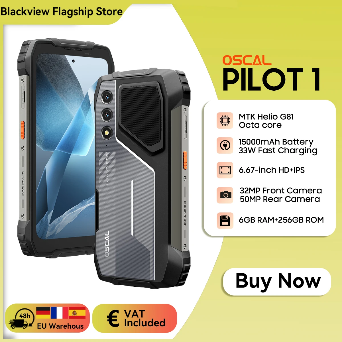 OSCAL PILOT 1 Teléfono resistente Android 14, 18 GB (6 + 12), 256 GB, teléfono móvil con pantalla de 6,67 pulgadas con 15000 mAh, sin enchufe de carga