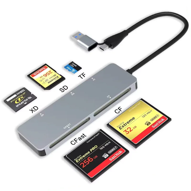 UTHAI CR307 Accesorios para computadora portátil 5 tarjetas Mismo lectura CFast/CF/XD/SD/TF Lector de tarjetas USB3.0/Tipo C de alta velocidad