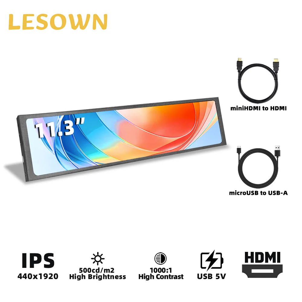 LESOWN Pantalla de pancarta compacta de 11,3 pulgadas 440 × 1920 IPS LCD Monitor portátil secundario Panel de sensor AIDA64 para caja de computadora ARGB