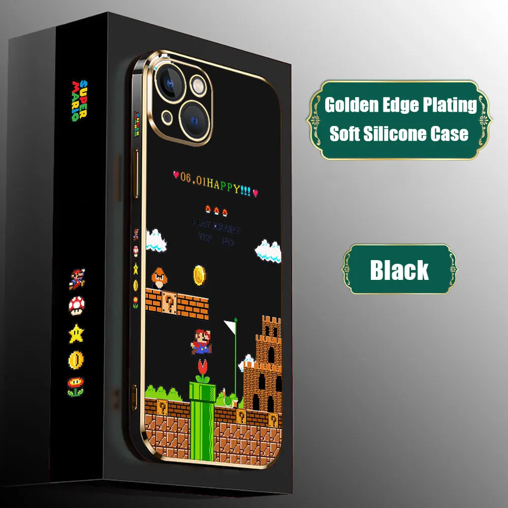 Funda de dibujos animados s-super m-mario Bros para iPhone, 15, 14 Pro Max, 13, 12 Mini, 11, 7, 8 Pro, XSMax, X, XR, SE, Funda de teléfono chapada de lujo - imagen 3
