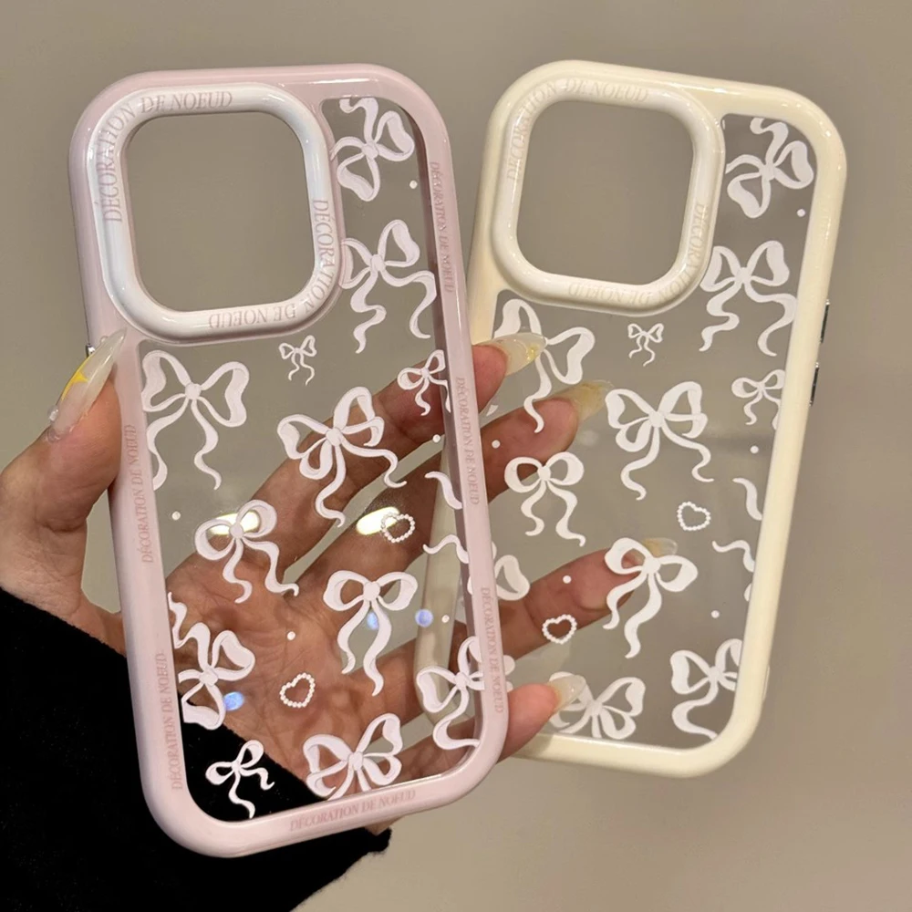 Bonita funda de teléfono con lazo Ins para IPhone 16, 15, 14, 13, 12 Pro Max 11 Plus, bonita funda suave de silicona transparente con lazo, funda a prueba de golpes