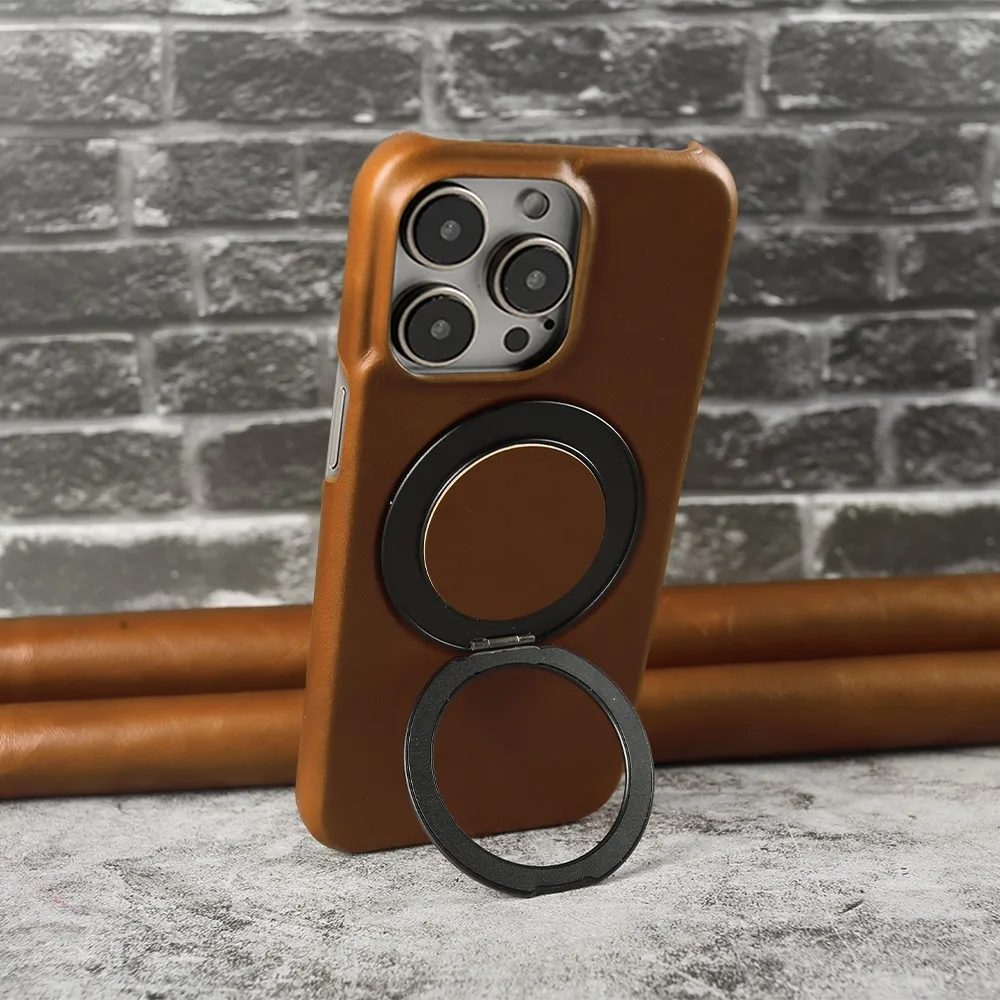 Funda de cuero genuino con soporte magnético giratorio de 360 ° para iphone, carcasa trasera de carga Magsafe para iphone 15 Pro Max, 16Pro, 14Pro, 13, 12, 11 - imagen 4