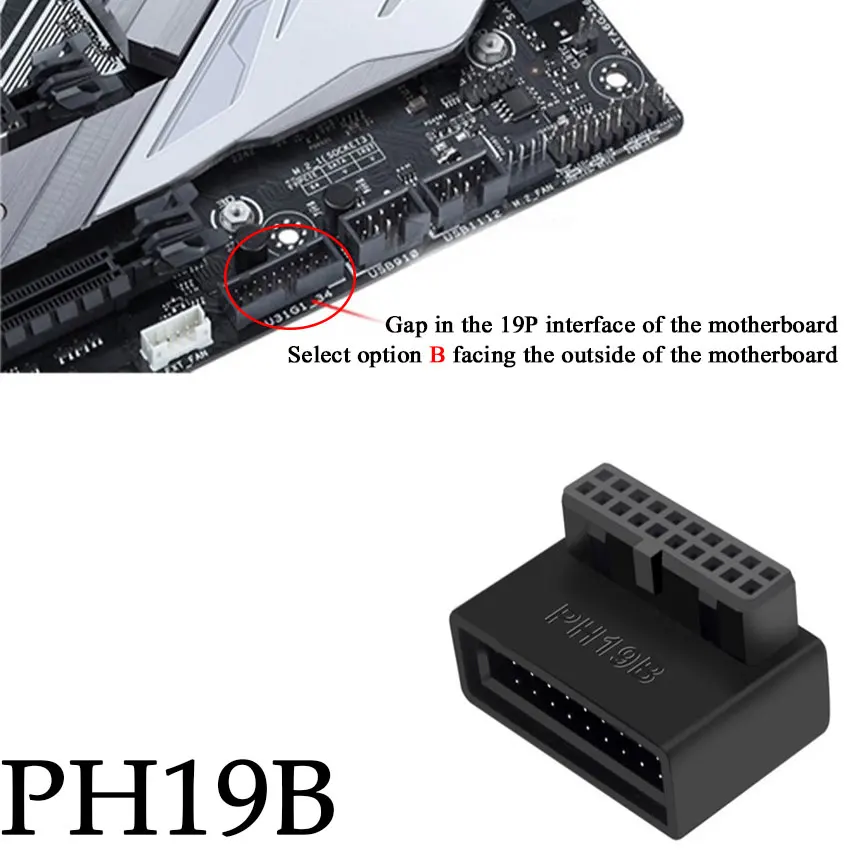 Adaptador de extensión USB 3,0 de 19/20 pines macho a hembra, convertidor en ángulo de 90 grados para conector de placa base PH19A - imagen 5