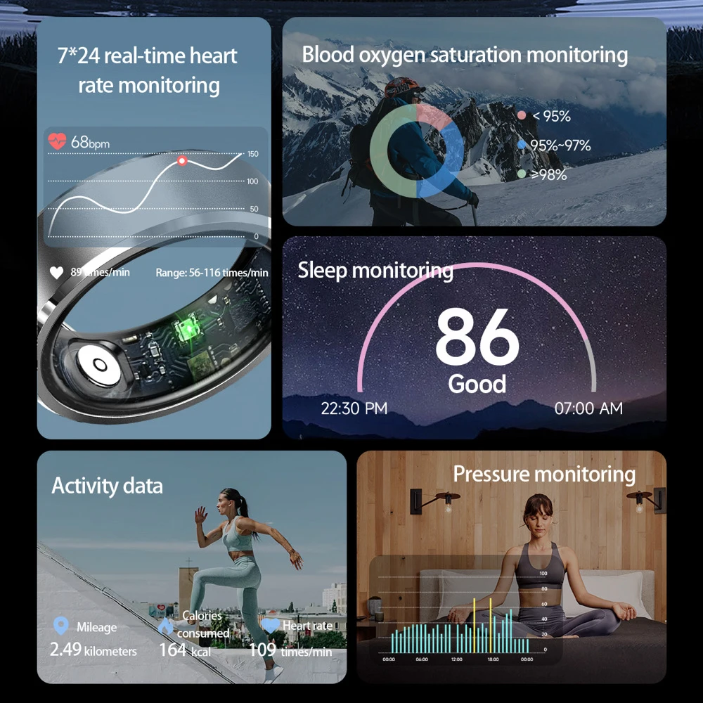 696 pulsera de anillo inteligente anillo Digital de dedo monitoreo de ritmo cardíaco impermeable oxígeno en sangre sueño Control remoto deportes mujeres hombres - imagen 3