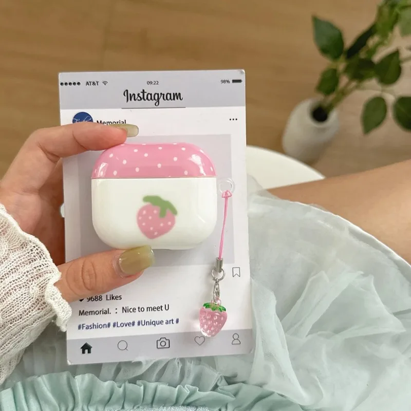 Funda para auriculares con colgante de colisión de Color de puntos circulares de fresa rosa dulce de verano para AirPods 1 o 2 3 4 Pro 2 - imagen 3