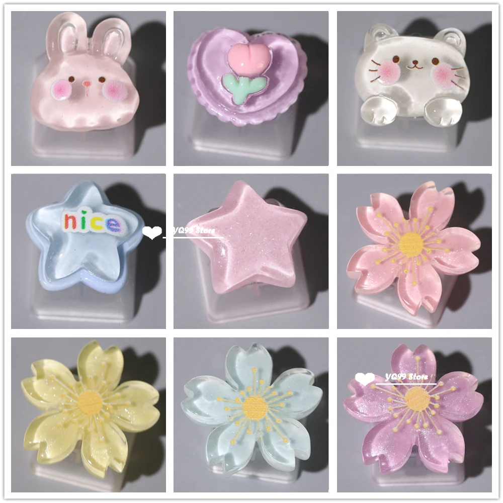 Teclas para teclado mecánico hechas a mano, personalizadas con flores, transparentes, bonitos juegos de botones retroiluminados, DIY