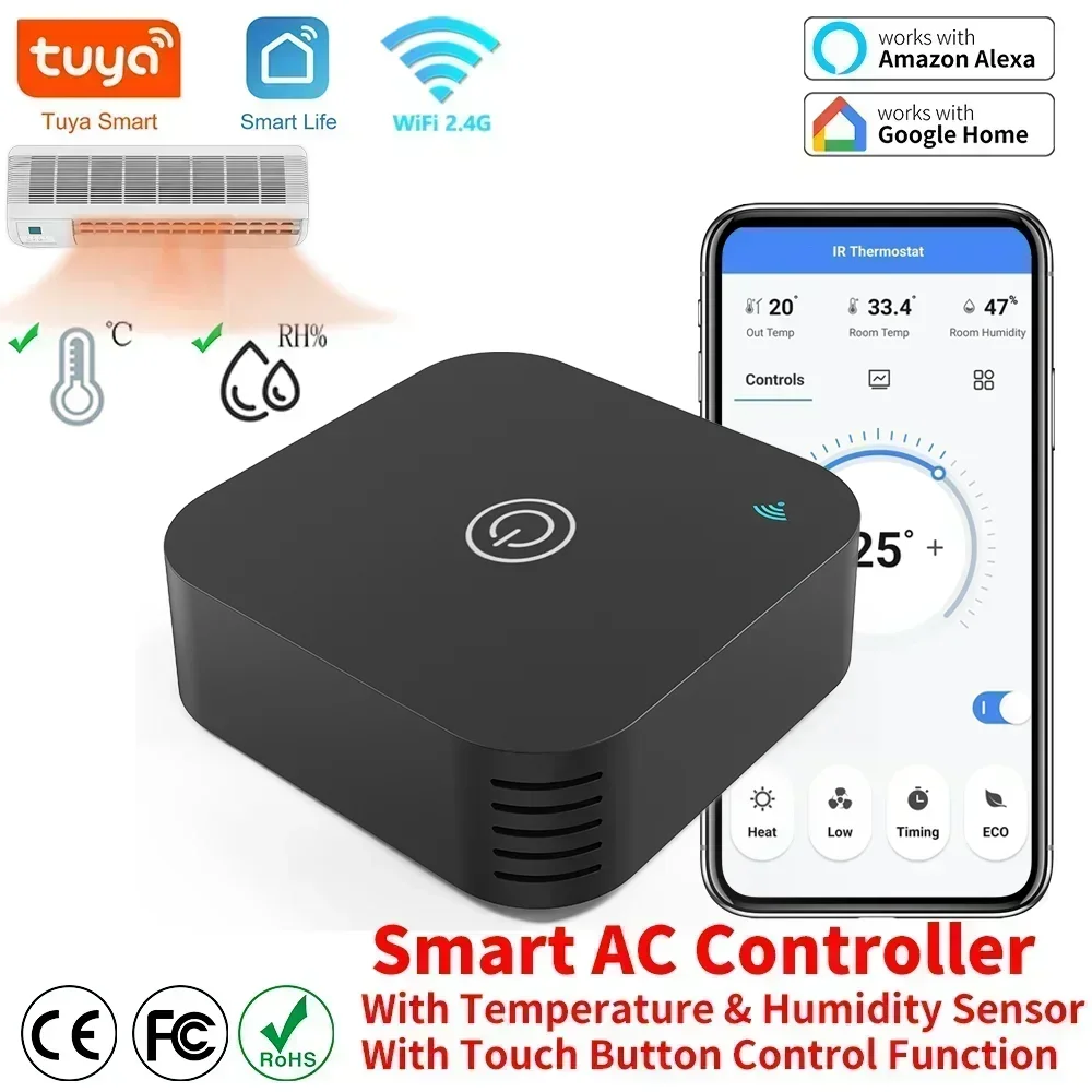 Thremostato inteligente de aire acondicionado Tuya, Sensor de temperatura y humedad incorporado para control remoto IR, funciona con Alexa y Google