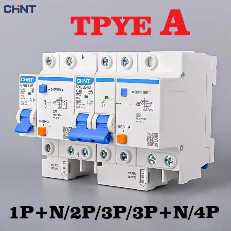 Chint A-type 1P + N 2P 3P + N 4P NXBLE-63 Protector de fuga de corriente Residual RCBO pila de carga disyuntor dedicado tipo A