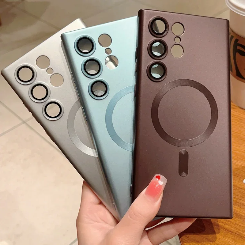 Funda de teléfono magnética mate chapada para Samsung Galaxy S25 S24 Ultra S23 FE S22 Plus protección de lente de vidrio cubierta suave a prueba de golpes - imagen 2