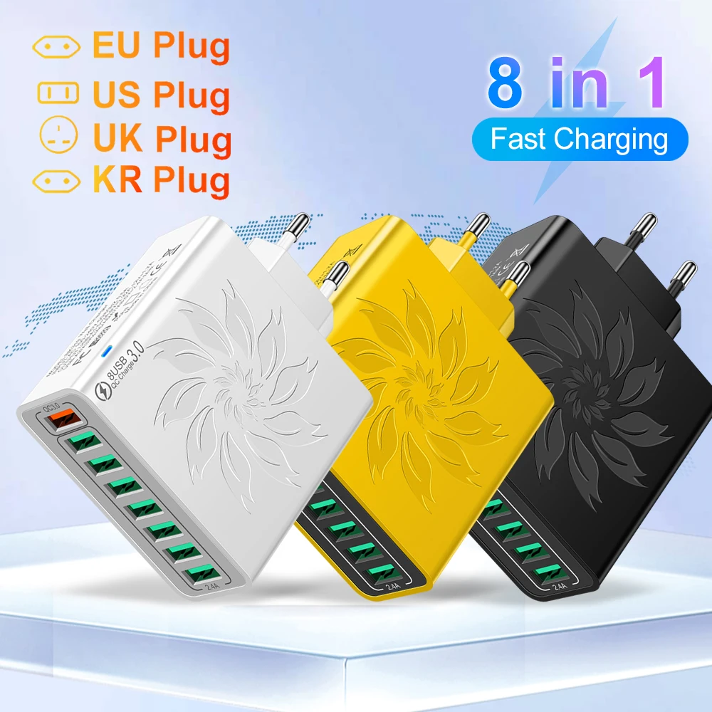 Cargador rápido USB 8 en 1, adaptador de corriente QC3.0, enchufe UE/EE. UU./REINO UNIDO/KR, adaptador de carga rápida para IPhone, Xiaomi, Samsung, cargador de pared de viaje