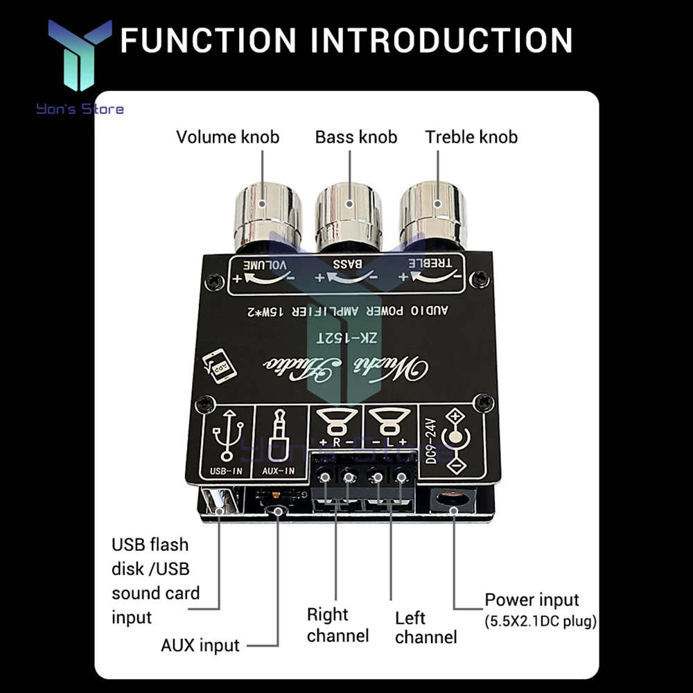 ZK-152T Módulo de placa amplificadora de potencia digital Bluetooth 2,0 estéreo de doble canal 15W + 15W con función de control de volumen - imagen 4