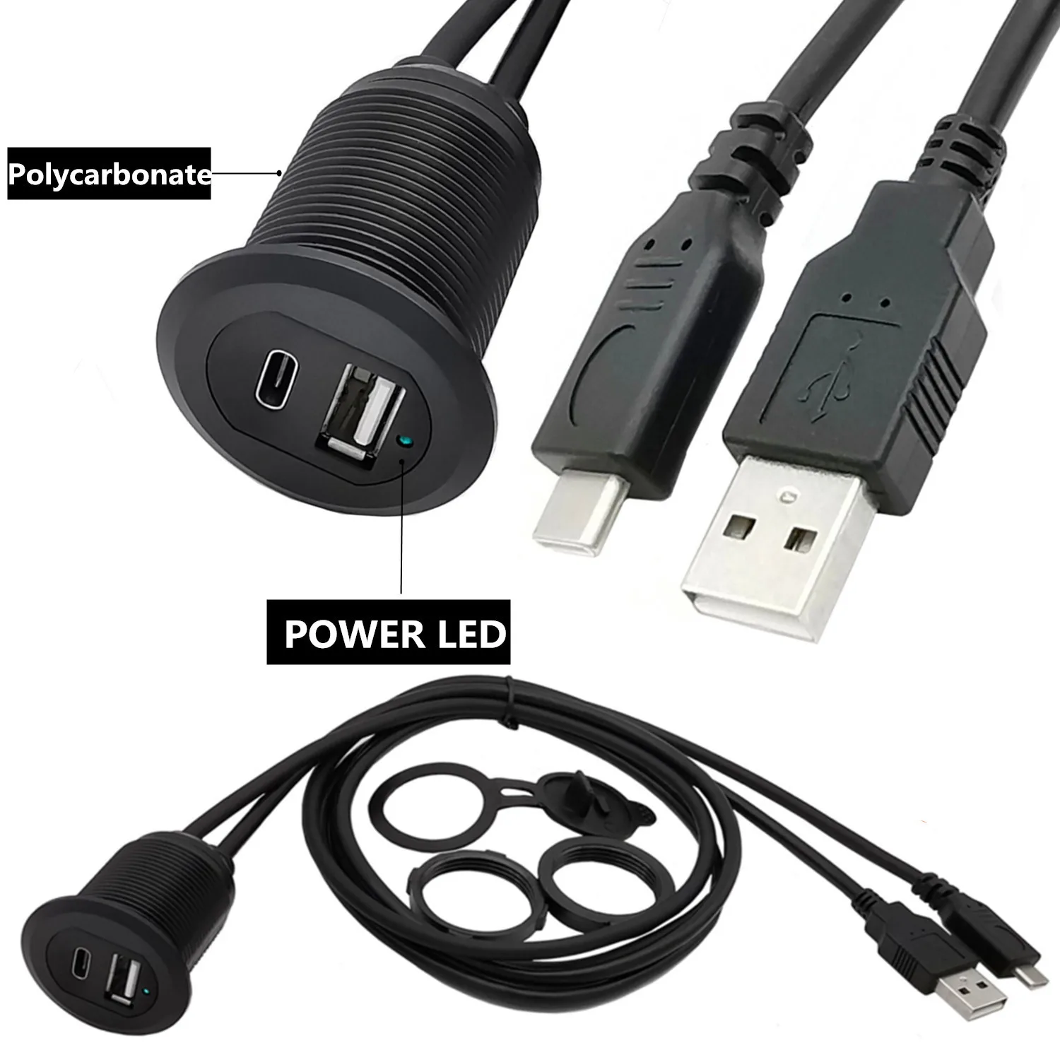 Cable de extensión impermeable tipo c USB 2,0 macho a hembra AUX para coche, camión, panel de tablero de motocicleta marina, 1m/2m - imagen 4