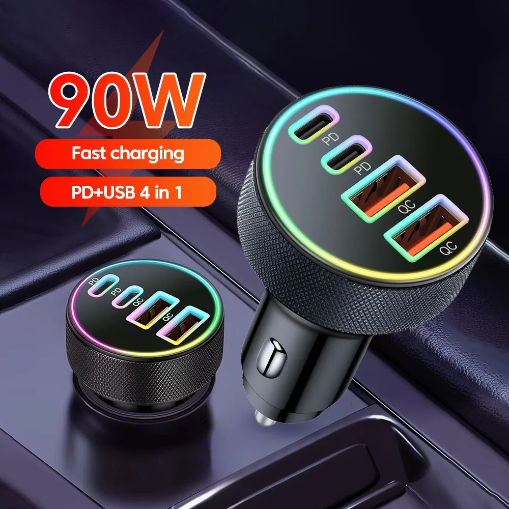 PD90W 4 puertos PD USB cargador de encendedor de cigarrillos adaptador QC3.0 cargador rápido en el coche para iPhone15 Samsung Ipad Macbook portátil