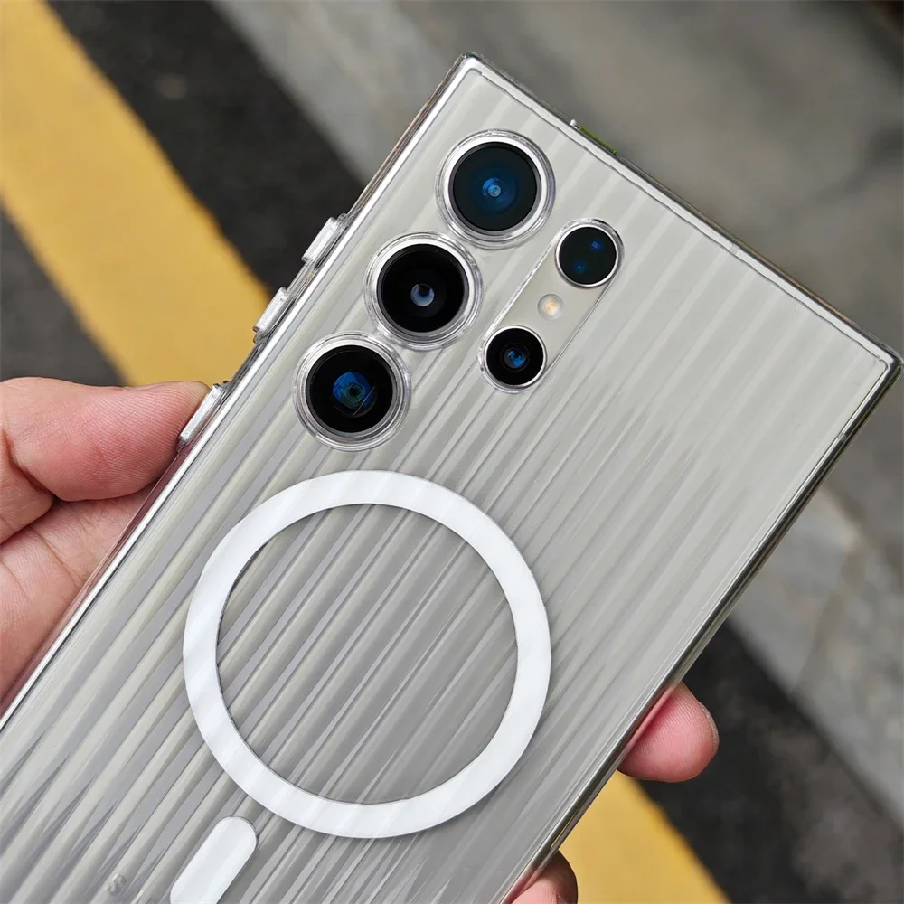 Funda transparente HD dura de lujo para Magsafe, funda para Samsung Galaxy S24 S23 Ultra Plus con rayas de carga inalámbrica magnética, funda para PC - imagen 2