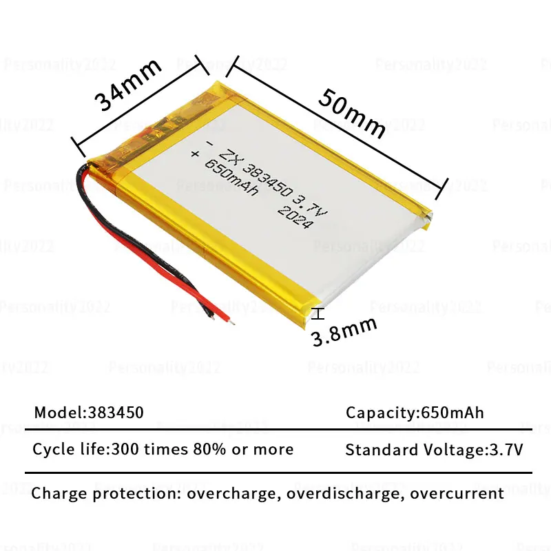 Batería de polímero de iones de litio recargable, 3,7 V, 383450 Lipo, 650mAh, para dispensador de agua, masajeador, DVD, MP3 - imagen 3