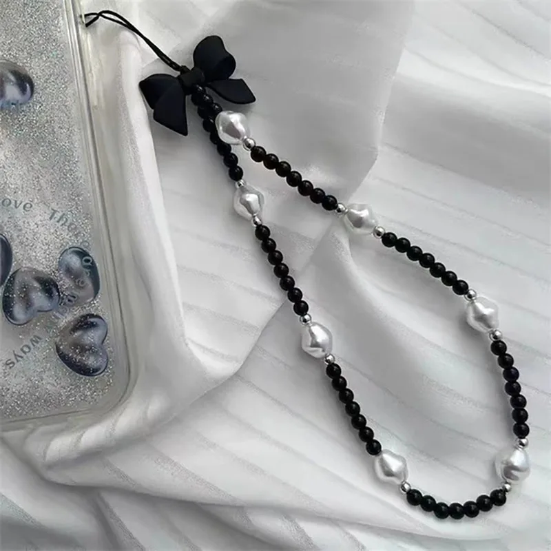 Correa Retro con lazo y perlas para teléfono, colgante de cuentas de flores, pulsera coreana para iPhone, accesorios Samsung, cuerda colgante para niña - imagen 4