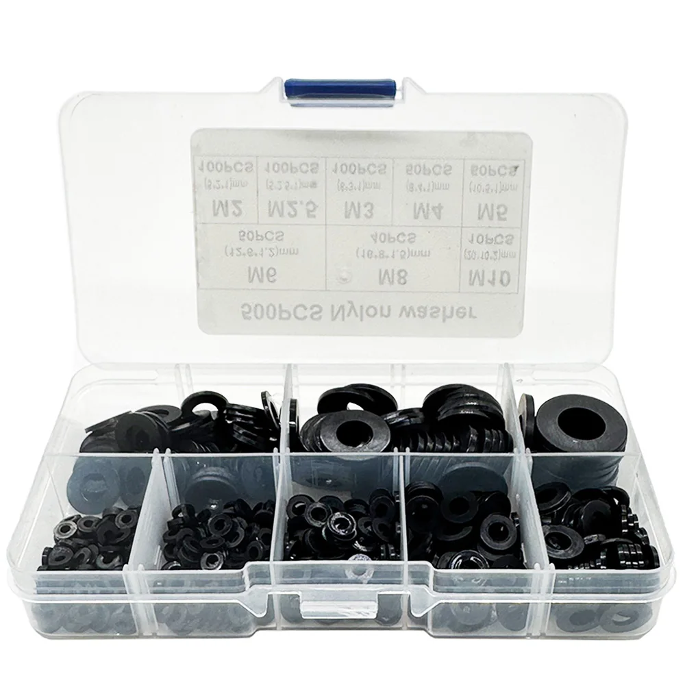 Kit surtido plano de arandelas de nailon de 500 Uds con placas de seguridad de 8 tamaños M2 M2.5 M3 M4 M5 M6 M8 M10 arandelas de sellado de nailon - imagen 4