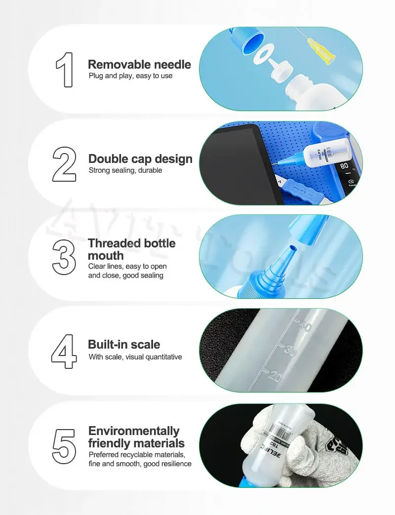 RELIFE TB2 Botella vacía para solvente Tipo de tubo de aguja Dosaje fácil de controlar Adecuado para eliminación de marco de alcohol Pegamento de eliminación de fluidos