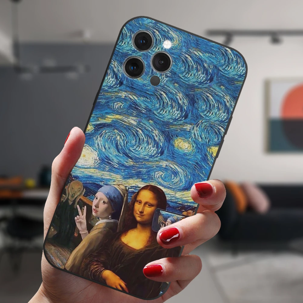 Funda de silicona suave con estampado de Mona Lisa para iPhone, carcasa negra con estampado Popular de Fuuny, para modelos 13, 12, 11, 14 Pro Max, Mini, XS, XR, 14Plus - imagen 2