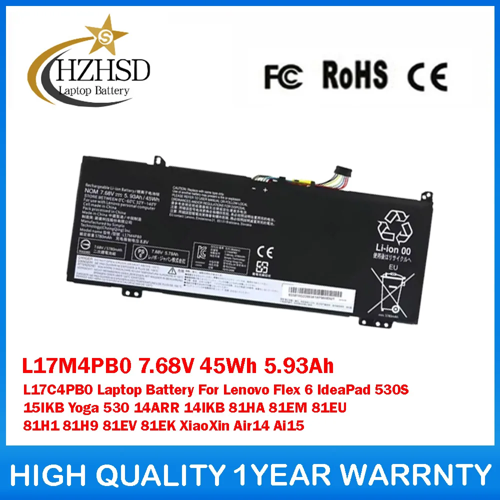 L17M4PB0 7,68 V 45Wh 5.93Ah L17C4PB0 batería del ordenador portátil para Lenovo Flex 6 IdeaPad 530S 15IKB Yoga 530 14ARR 14IKB 81HA 81EM 81EU 81H1