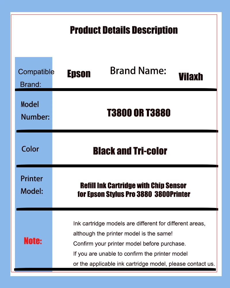 Vilaxh-cartucho de tinta recargable para impresora Epson Stylus Pro 3800, T5801, T5802, T5803, T5804, T5805, T5806, T5807, T5808, T5809, 3880 - imagen 2