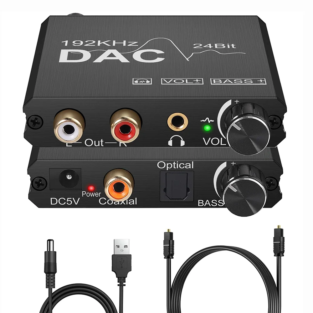 Convertidor de Audio Digital a analógico de 192KHz con ajuste de graves, Control de volumen DAC, adaptador Coaxial óptico a 2RCA y conector Jack de 3,5mm