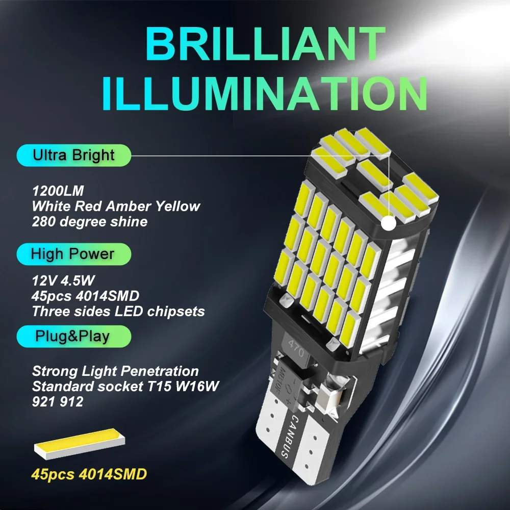 10 Uds T15 W16W 921 912 T16 T10 902 bombillas LED de alta potencia 45 Uds 4014SMD superbrillante 1200LM reemplazar para luz de marcha atrás de coche blanco - imagen 3