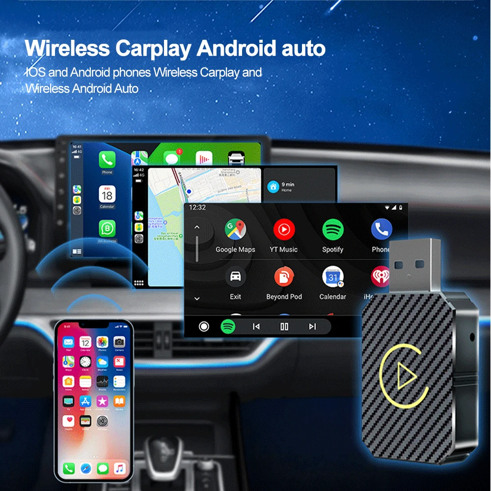 2 in 1 Wireless CarPlay Adapter&Android Mini Auto Wireless Adapter, 5Ghz WiFi Type-C/USB Plug & Play Carplay Wireless Adapter - imagen 3