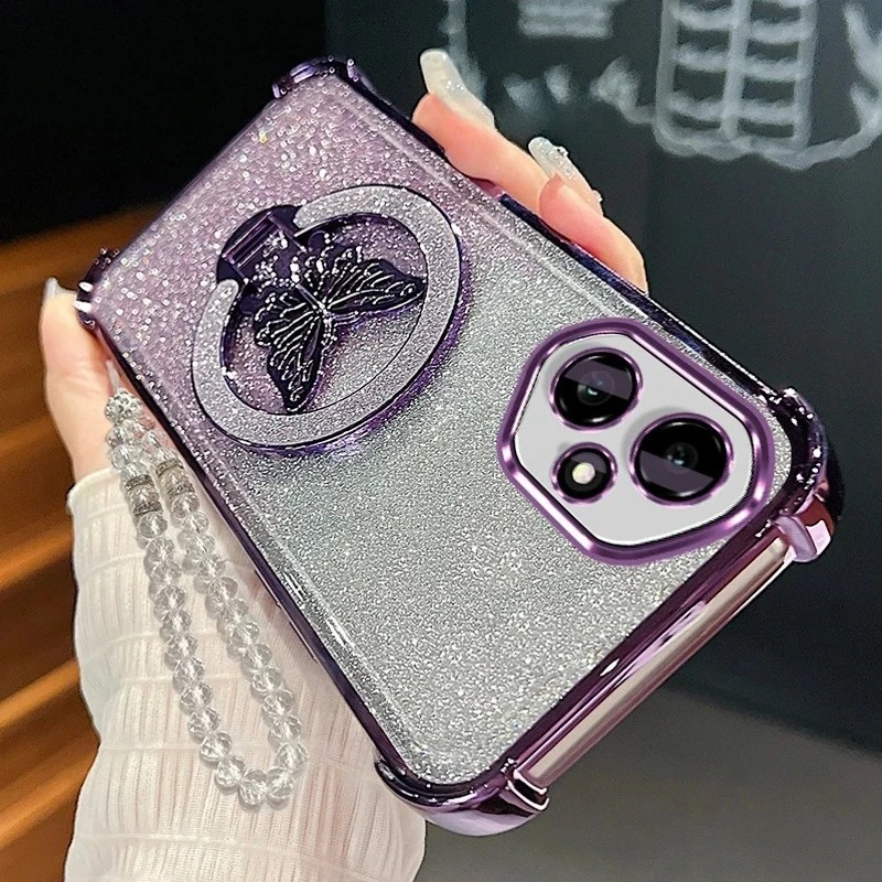 Honor400-funda con cadena y cordón con soporte de mariposa para Huawei Honor 400 Pro Lite, funda con soporte de silicona chapado a prueba de golpes, Honor400pro