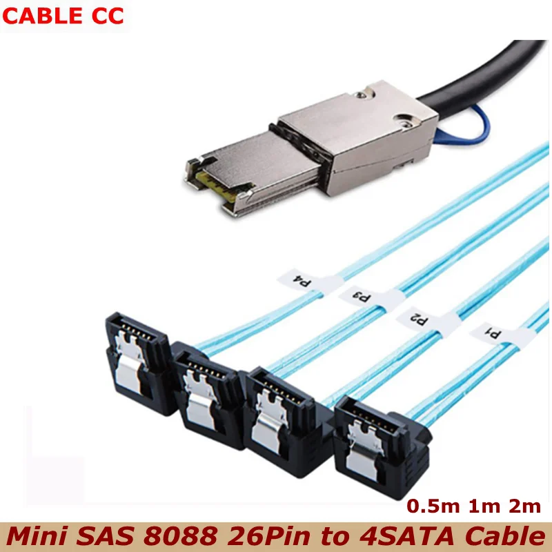 Cable de datos adaptador divisor de disco duro SAS 3,0 Mini SAS 26 pines macho a 4 SATA 7 pines hembra, codo arriba y abajo, 1m, 2m, SFF-8088