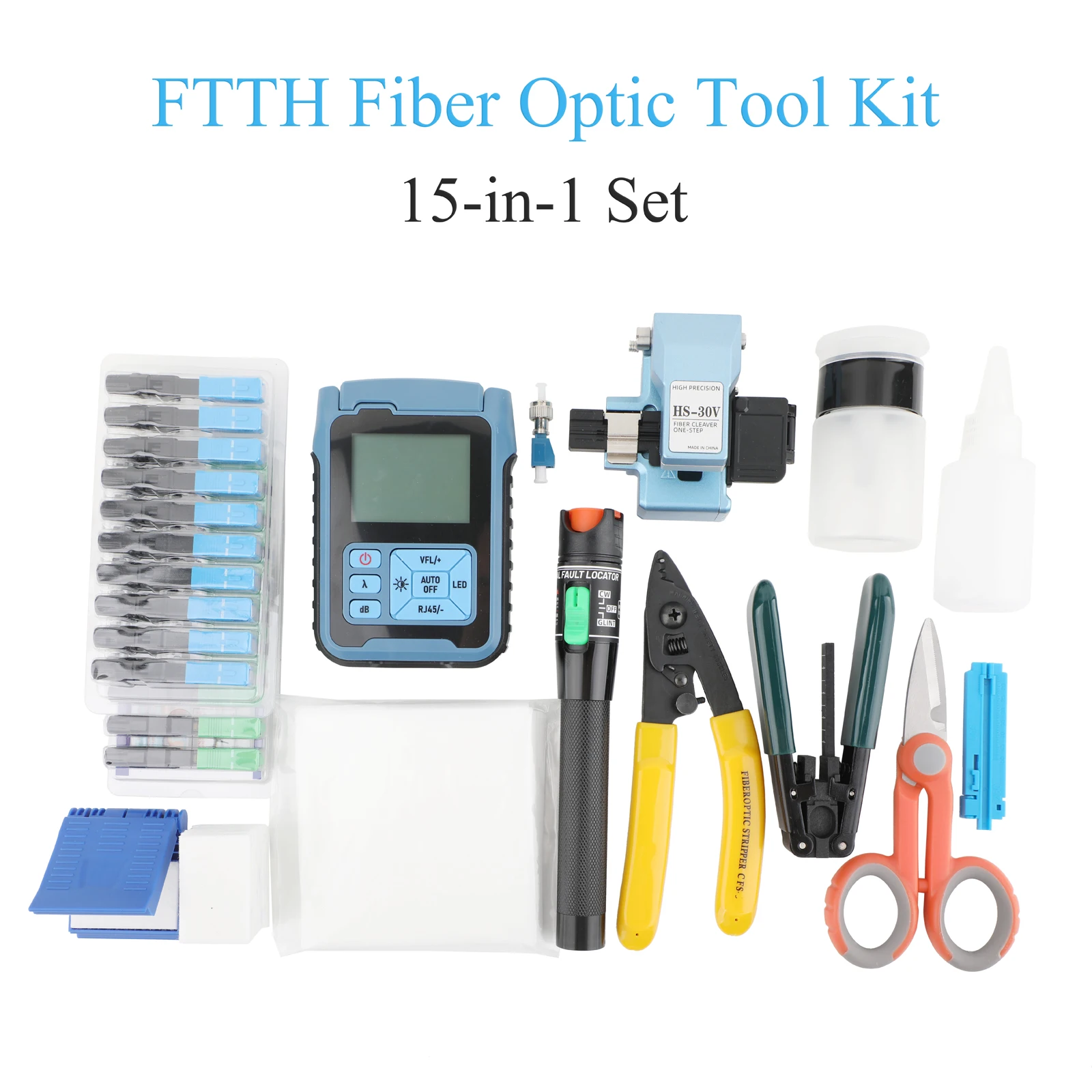 Kit de herramientas de terminación, limpieza y prueba de fibra óptica (11/12/14/15 PCS en 1) para proyectos FTTH incluyen cuchilla de fibra óptica, etc.