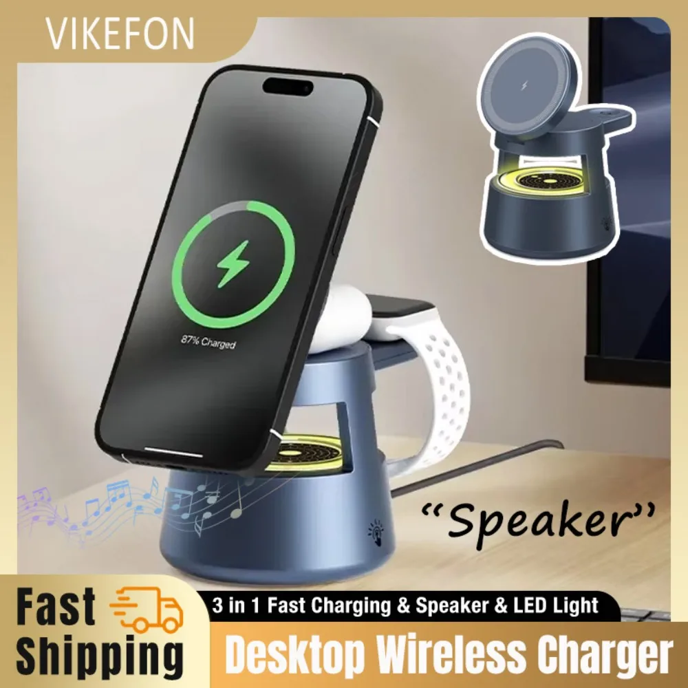 Altavoz inalámbrico Bluetooth de escritorio 3 en 1, cargador inalámbrico magnético, soporte para teléfono LED nocturno para Magsafe iPhone 16 15 14 13 12 Pro