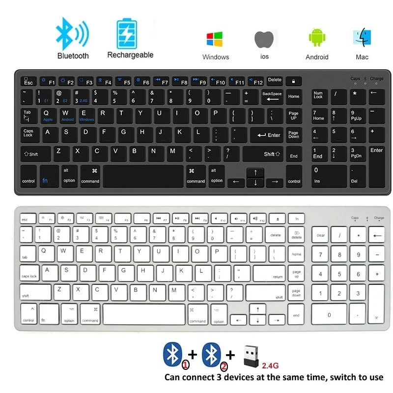 Teclado inalámbrico Bluetooth 5,0, 2,4G, inglés, 102 teclas para MacBook, iPad, tableta, teclado recargable USB C, accesorios para PC