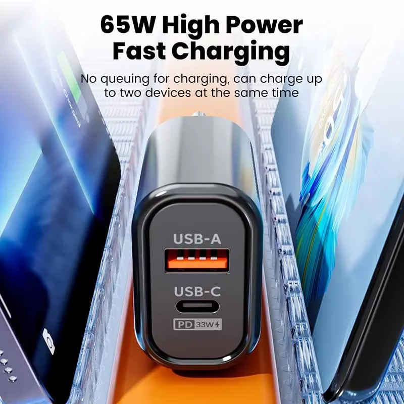 Cargador USB C de 65W, cargador GaN de carga rápida 3,0 tipo C, adaptador de teléfono para iPhone, Samsung, Xiaomi, Huawei, cargador de pared rápido de 2 puertos - imagen 4