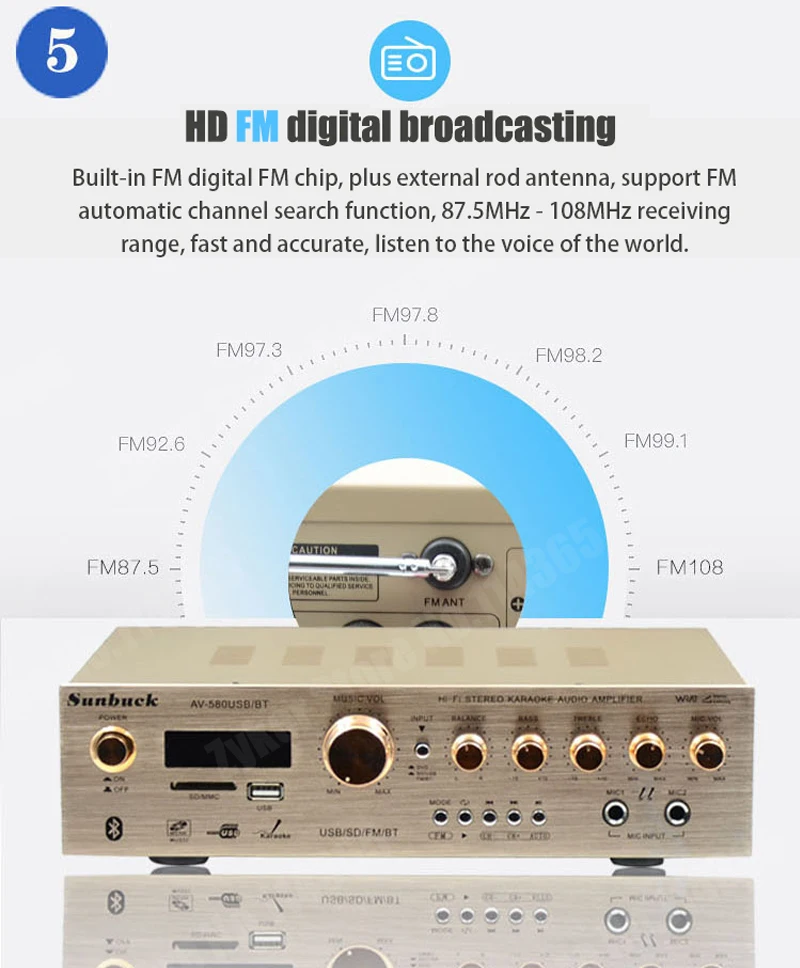Amplificador SUNBUCK 580USB/BT 5 Canales HiFi Bluetooth FM Karaoke - imagen 4