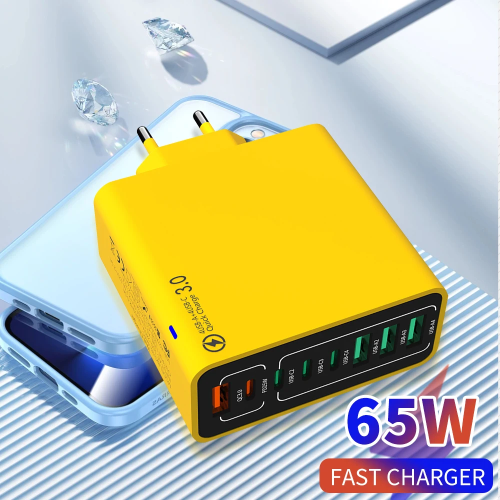 Cargador rápido USB C de 8 puertos, adaptador de corriente de enchufe de carga rápida EU/US/KR para iPhone, Xiaomi, Samsung, Huawei, cargador de teléfono móvil de pared