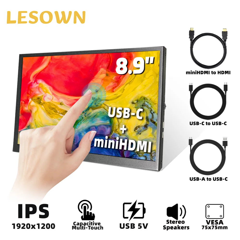 LESOWN Monitor portátil de 8,9 pulgadas 1920 × 1200 Monitor táctil compacto sin/capacitivo con puerto HDMI USB C Compatible con Raspberry Pi