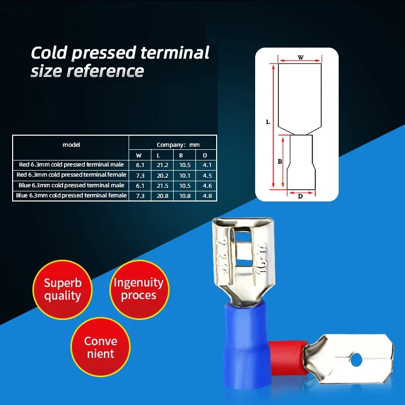 Conector de pala macho y hembra de 6,3mm, Terminal de crimpado de Cable, conector de Cable Fdd1 Fdd2 250, terminales de Cable, 20 piezas - imagen 3