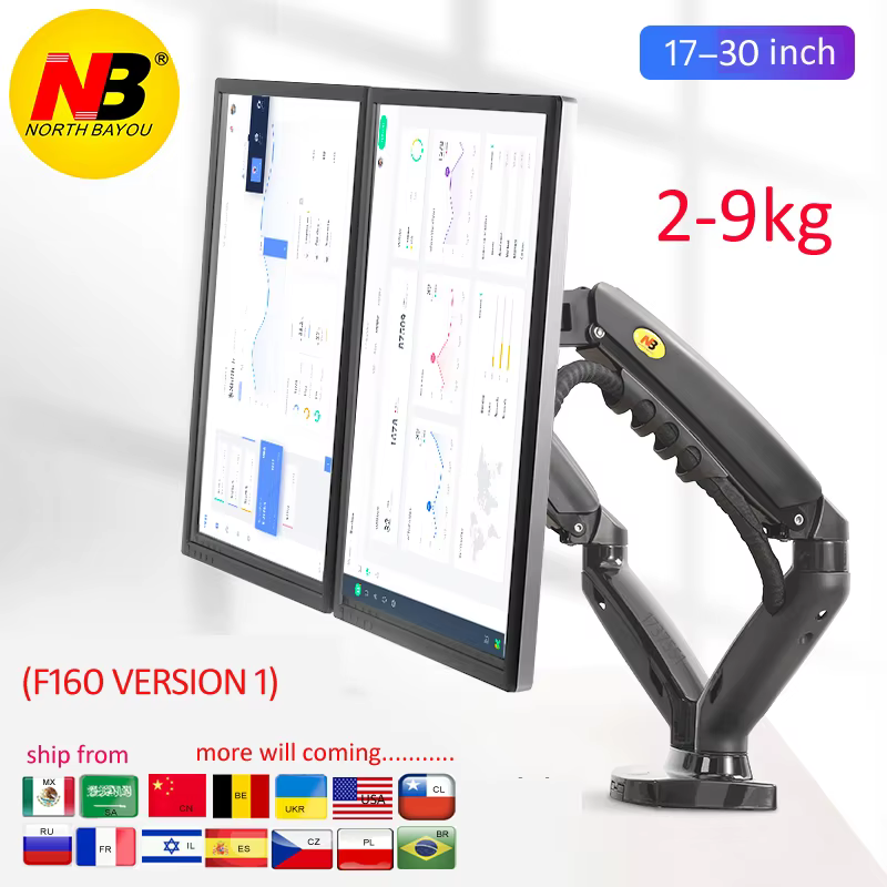 NB F160 Soporte Monitor Dual 17-27" Resorte Gas 360° USB 3.0