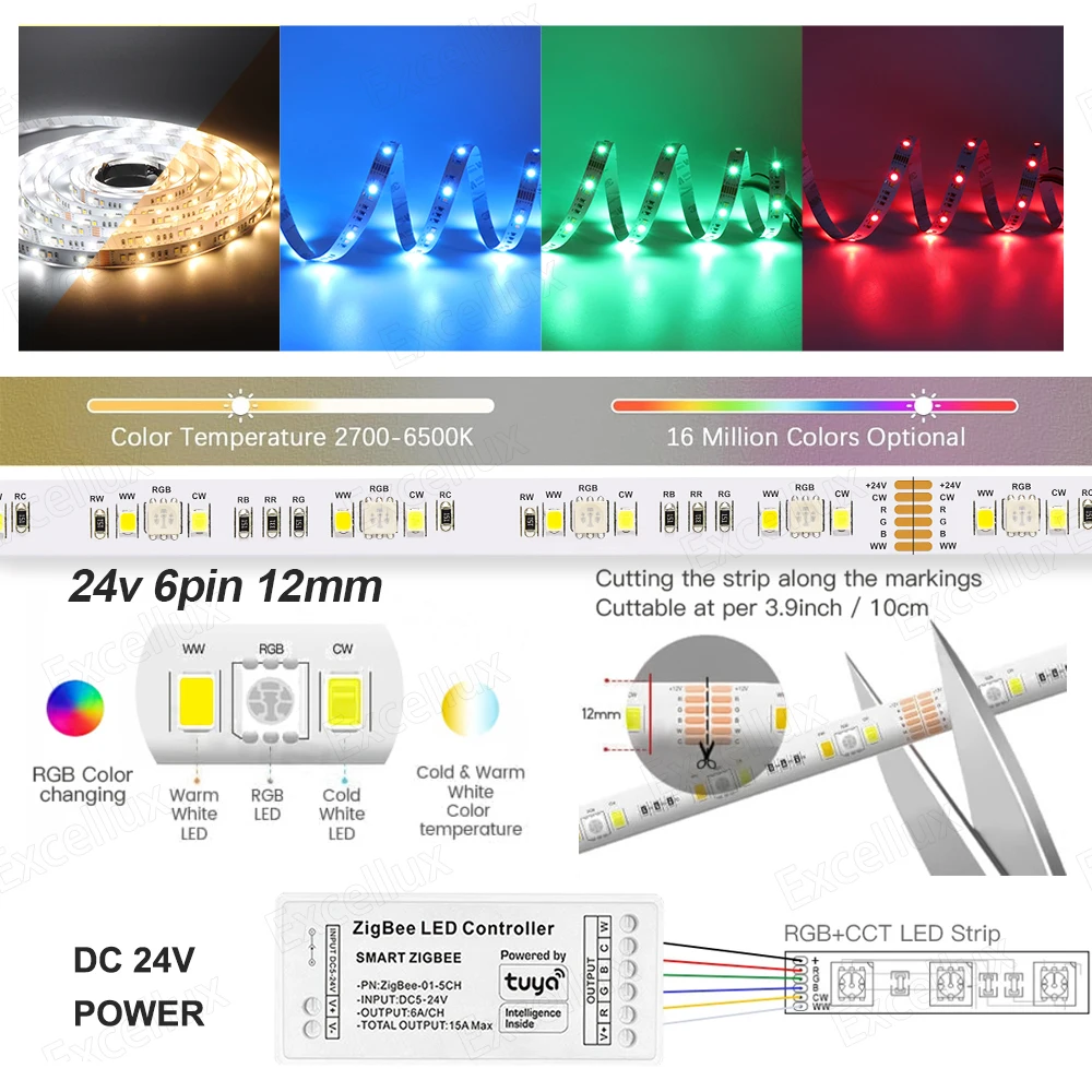 Tira de luces Led inteligente Tuya Zigbee RGB CCT, tira de luces Led de 24V CC, 5M, 10M, 15M, 20M, decoración de habitación para asistente de Google Home Alexa - imagen 5