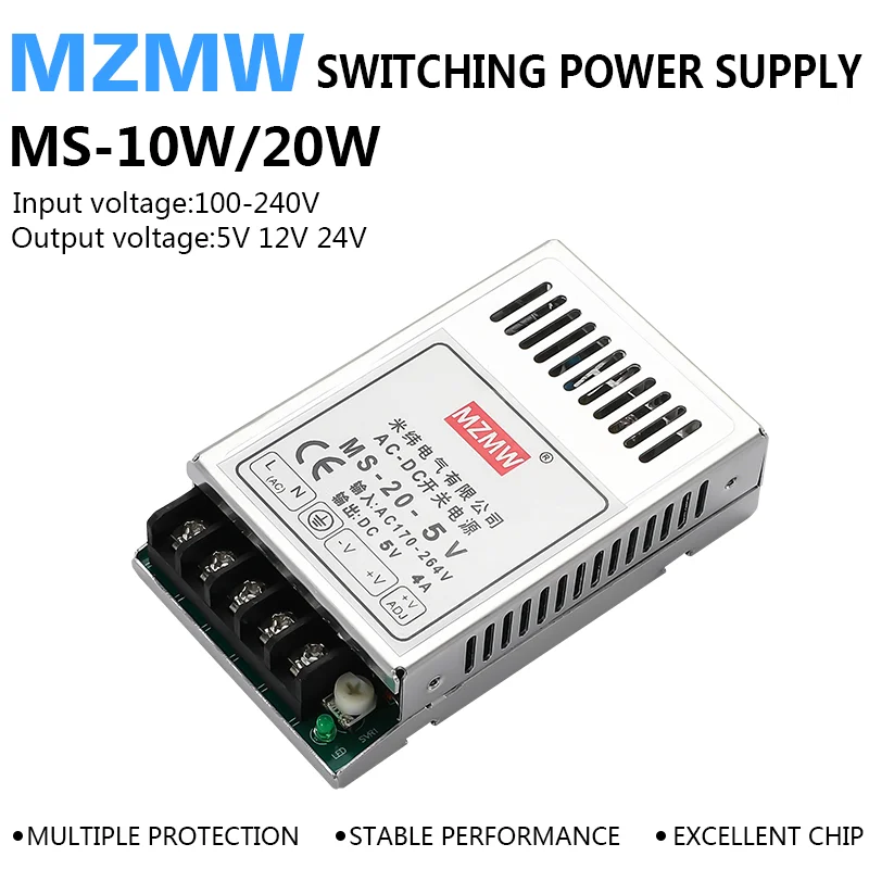 Fuente de alimentación conmutada de 10W, 20W, 5V, 12V, 24V, tamaño Mini, CA a CC, salida única, interruptor de unidad de tira LED, alimentación para Monitor MS-10 MS-20