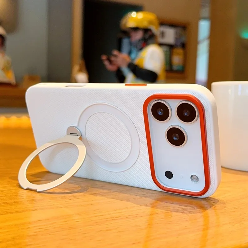 Para iPhone Air, 17 Pro Max funda magnética ELVEV tejido antihuellas de cuero PU duro PC soporte giratorio cubierta de teléfono