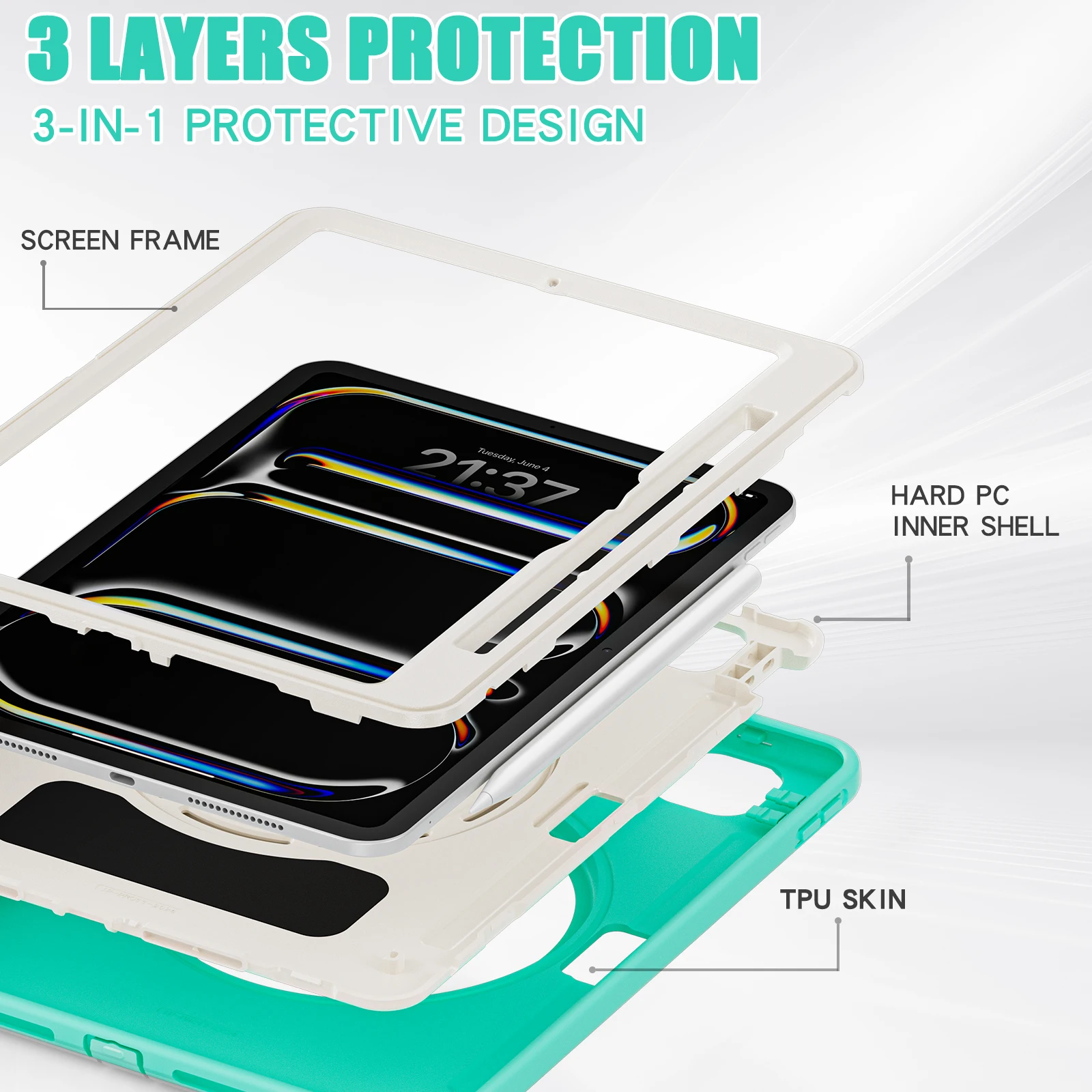 Funda con soporte de PC-TPU para Apple iPad Pro 11 2024 M4 modelo A2836 A2837 A3006, cubierta giratoria resistente, carcasa de 3 capas con ranura para bolígrafo - imagen 3